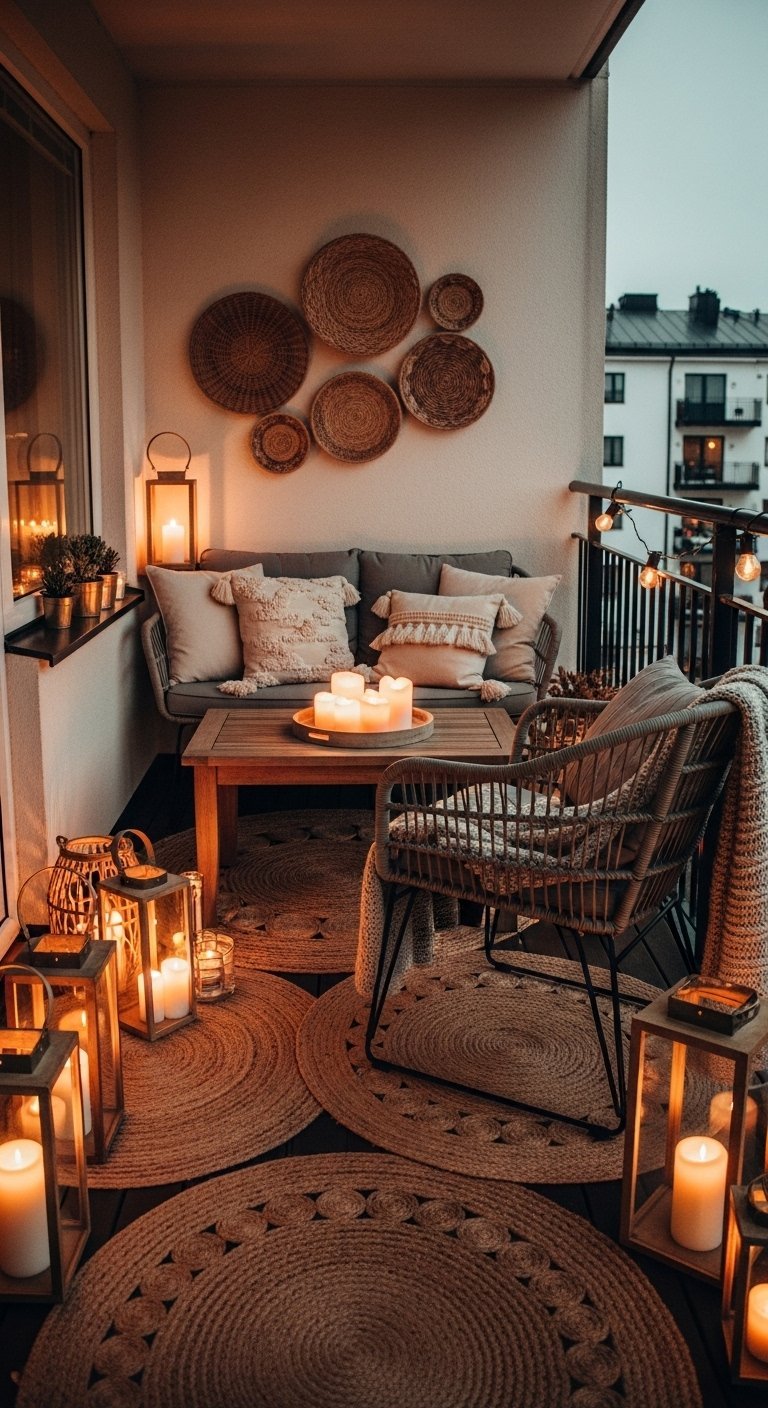 Decoration petit balcon boheme de nuit avec tapis en jute et paniers tresses au mur
