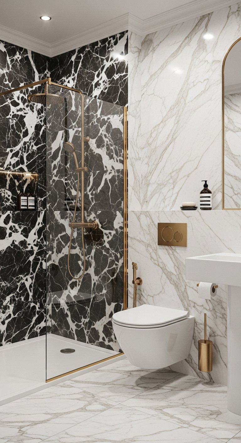 Douche avec mur en marbre noir et blanc et robinetterie dorée