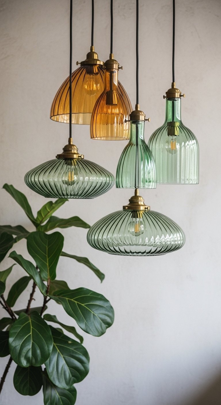Ensemble de suspensions luminaires en verre coloré vert et ambre