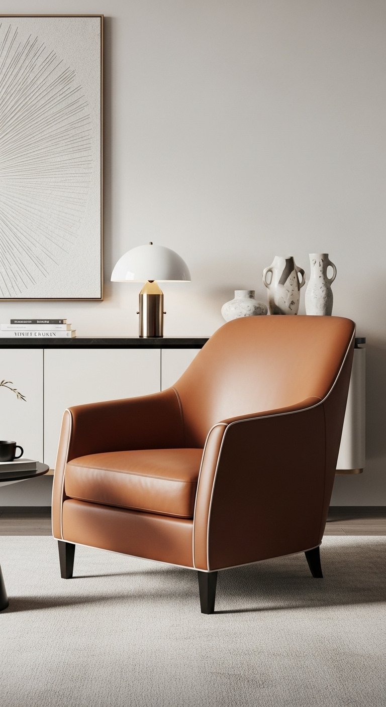 Fauteuil moderne en cuir cognac avec un passepoil blanc contrastant pour une finition élégante