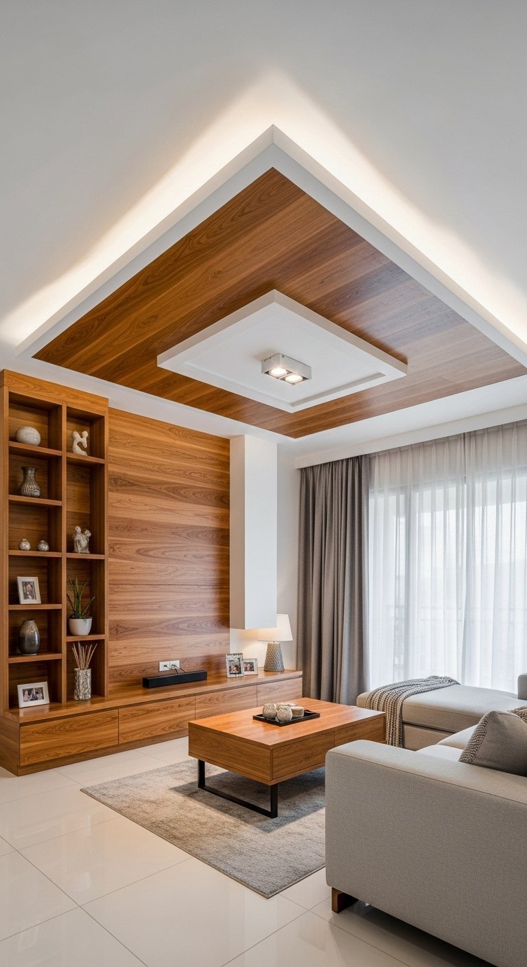Faux plafond moderne combinant un panneau en bois et une section blanche avec spots