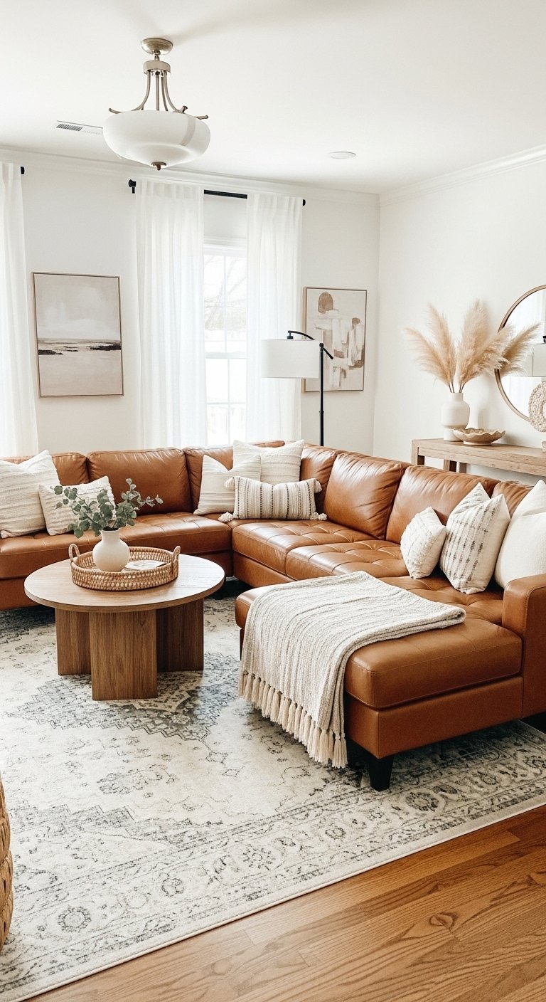 Grand canapé d angle en cuir marron avec une table basse ronde en bois