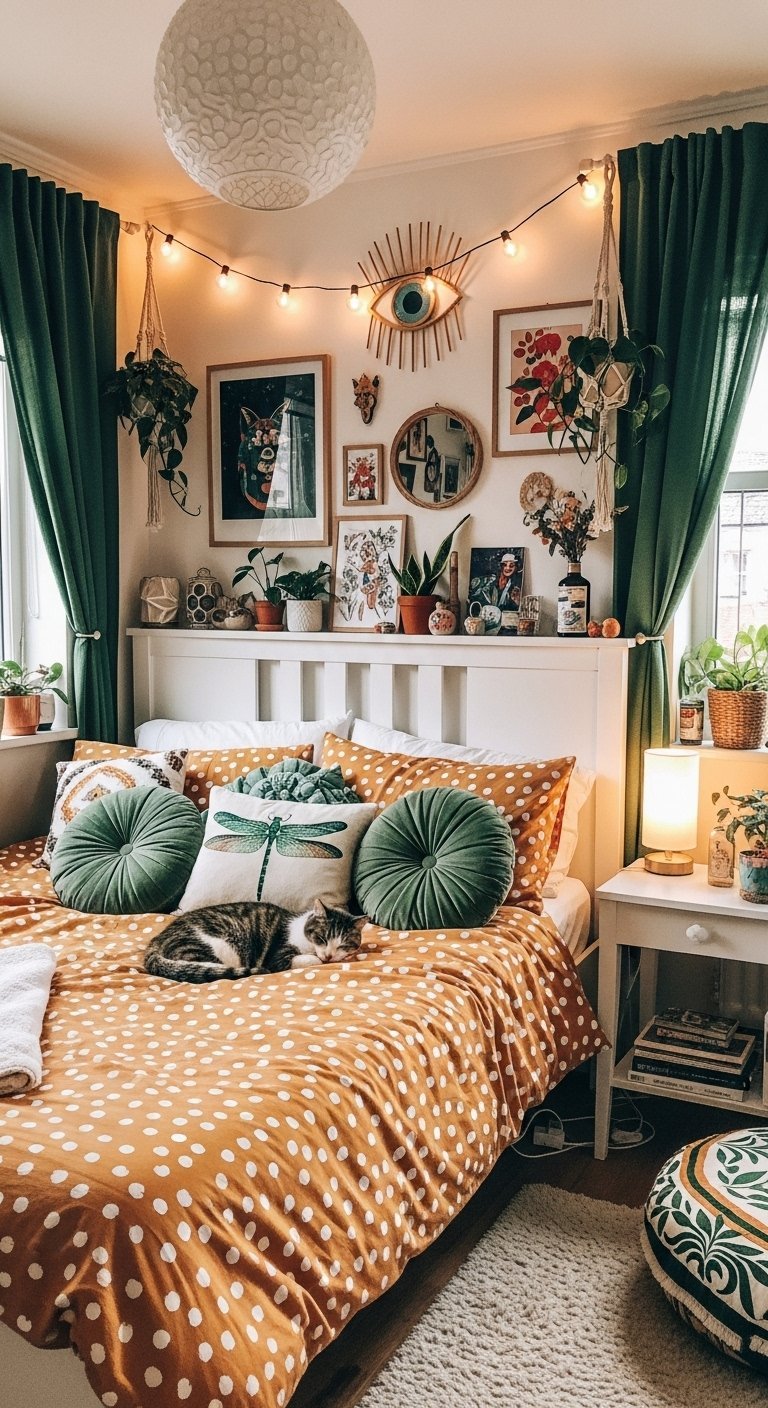 Lit avec parure à pois orange et coussins verts dans une chambre éclectique