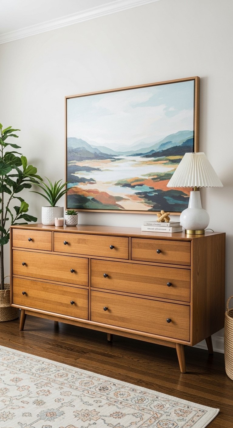 Longue commode en bois de style Mid Century avec neuf tiroirs