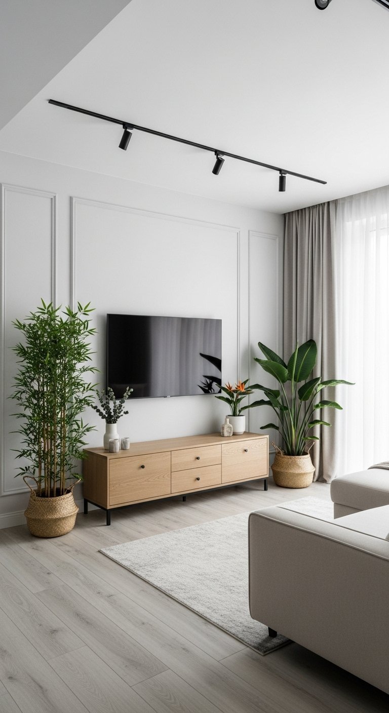 Mur TV blanc avec moulures classiques et meuble en bois clair