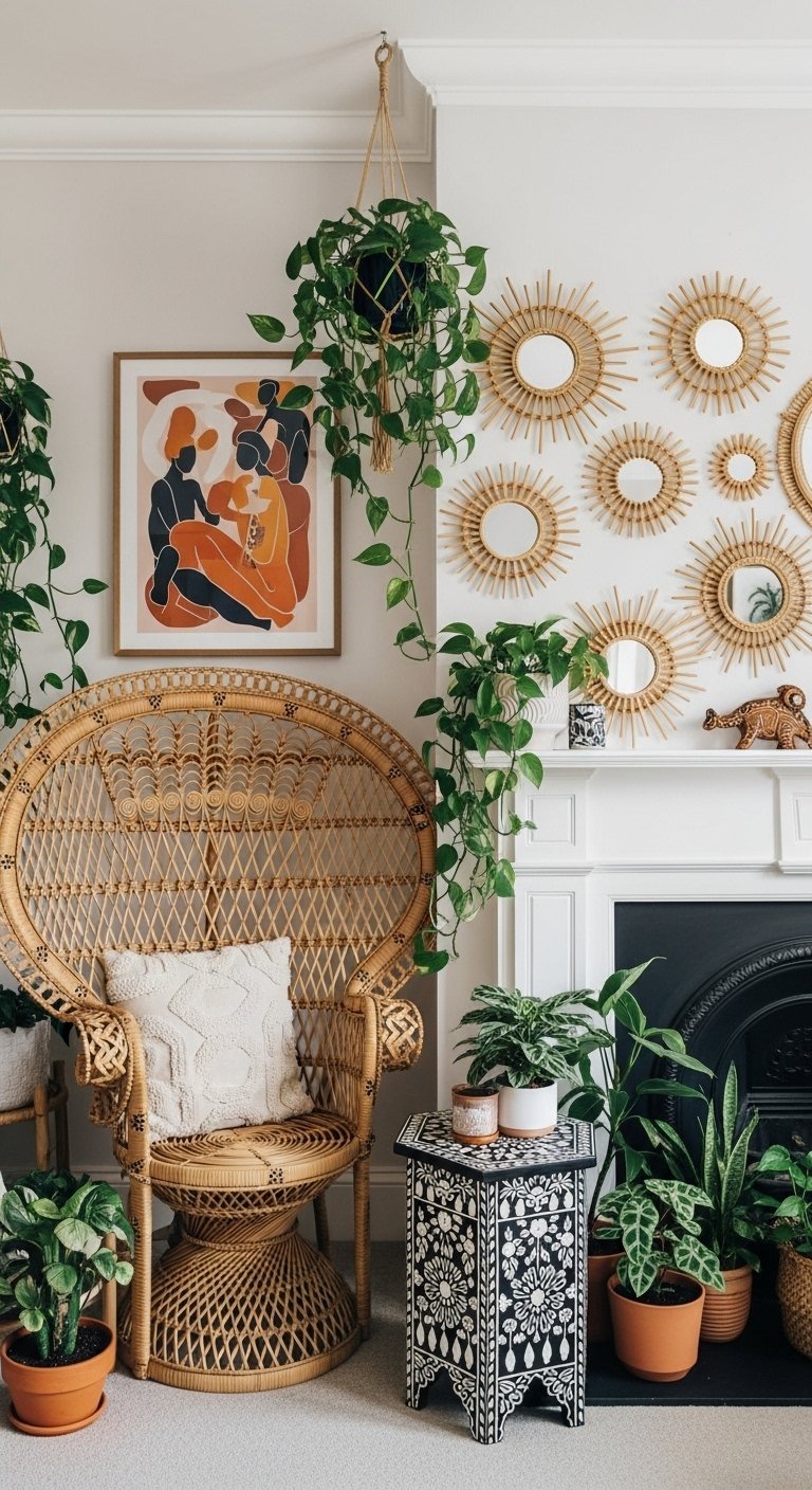 Mur de galerie avec plusieurs miroirs soleil en rotin dans un salon de style bohème