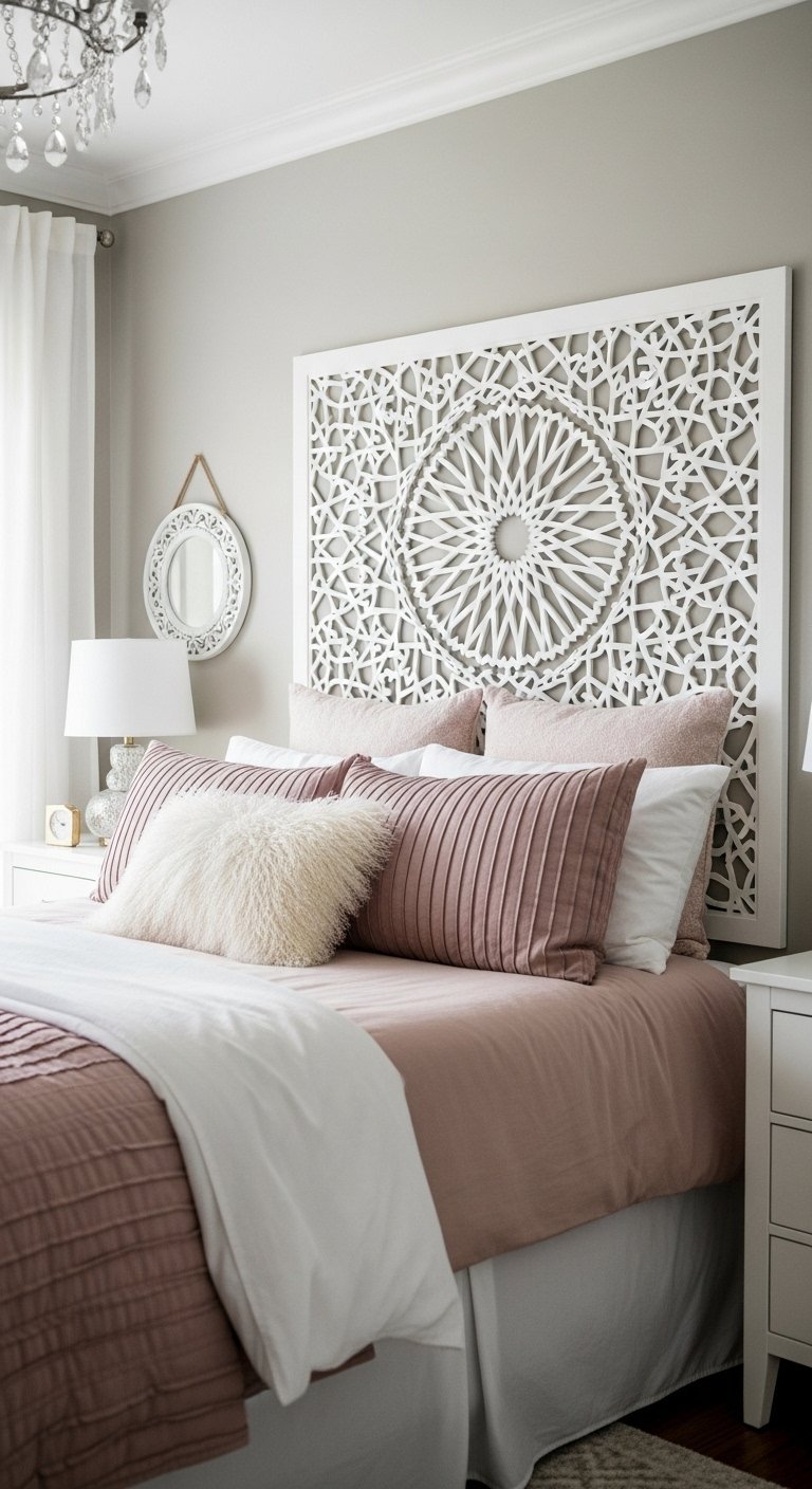Panneau decoratif blanc style moucharabieh utilise comme tete de lit