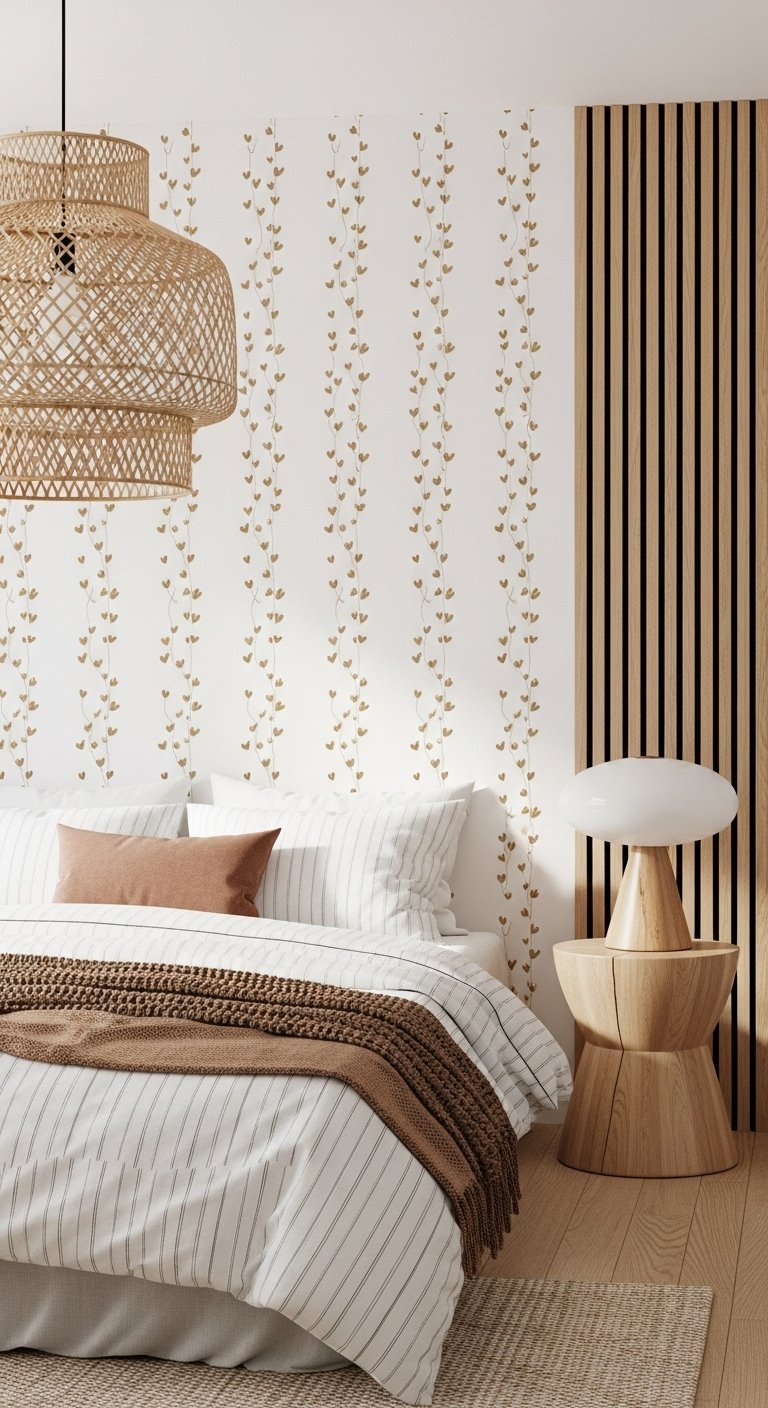 Papier peint blanc a delicats motifs vegetaux dores a cote de tasseaux de bois