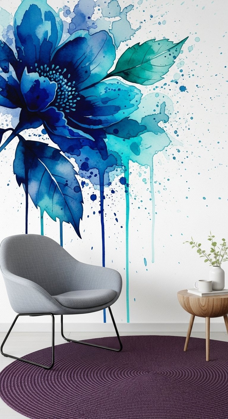 Papier peint panoramique avec une grande fleur bleue style aquarelle
