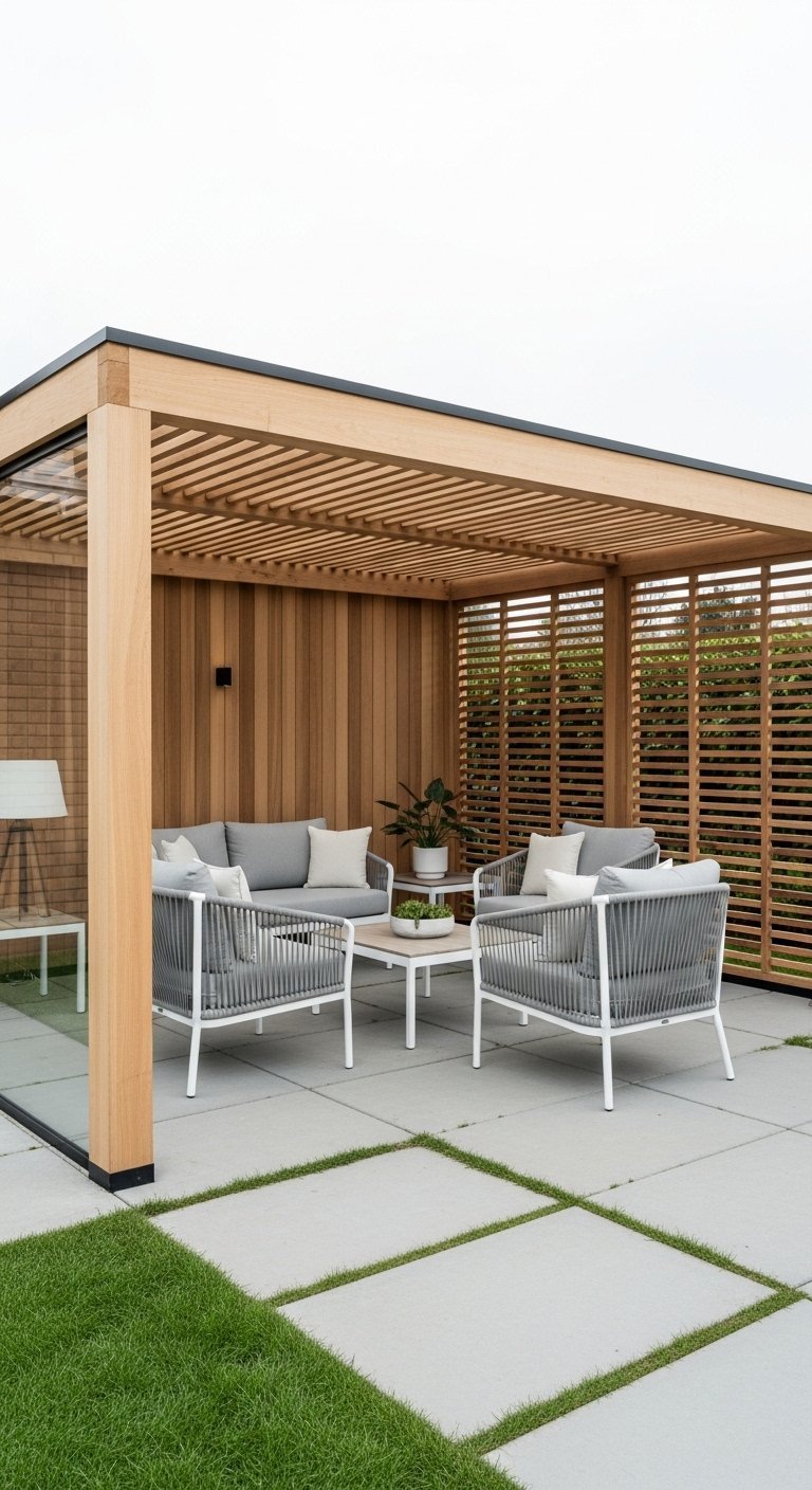 Pergola moderne en bois clair avec parois à lattes et salon de jardin gris