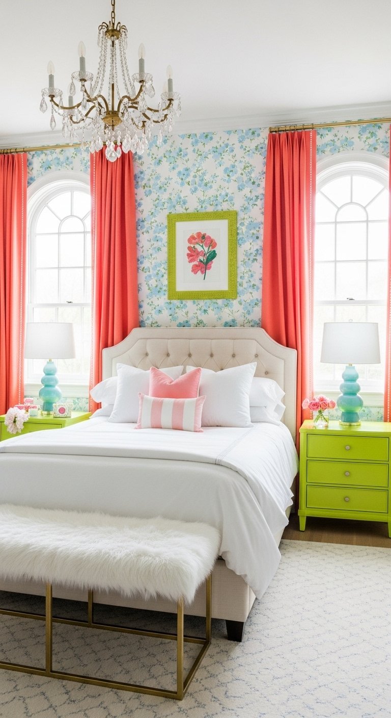 Rideaux corail vifs dans une chambre avec du papier peint floral bleu