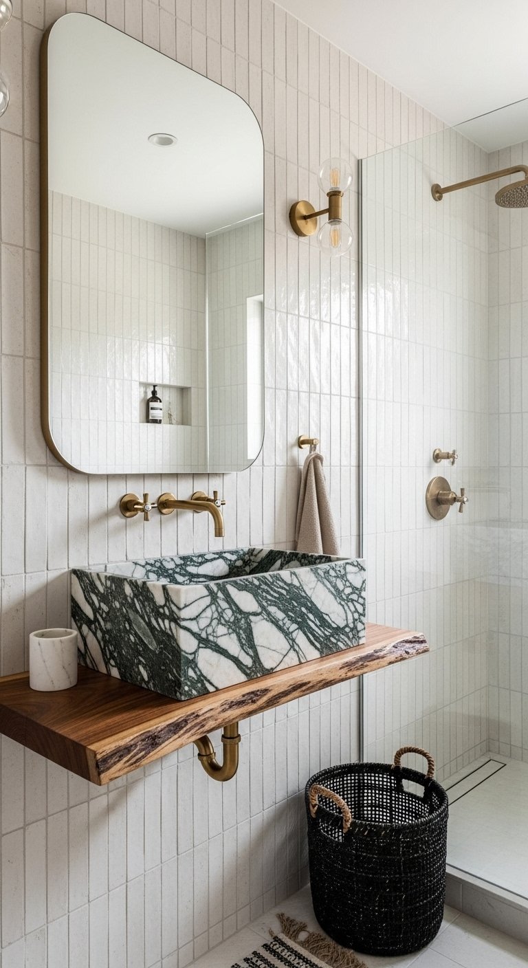 Salle de bain avec vasque en marbre vert sur tablette en bois