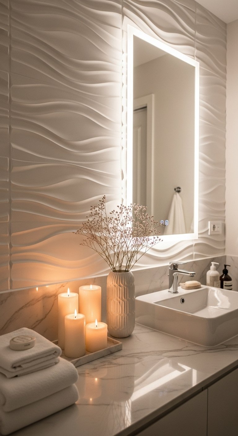 Salle de bain blanche avec mur D a vagues et bougies allumees