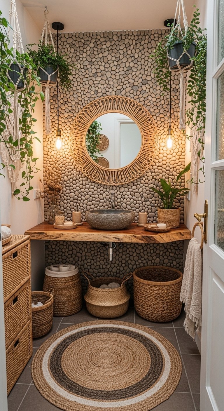 Salle de bain boheme nature avec mur de galets et miroir en rotin