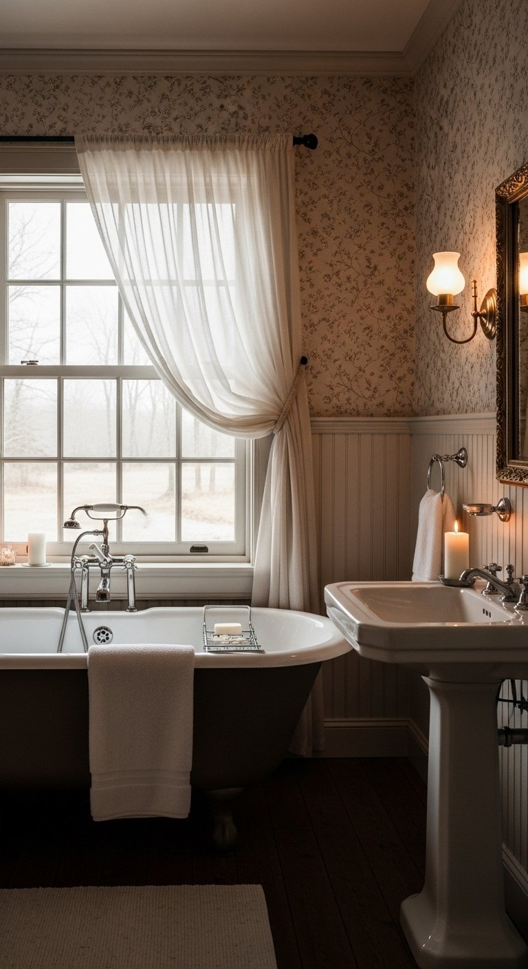 Salle de bain vintage avec baignoire sur pieds et fenêtre à voilage