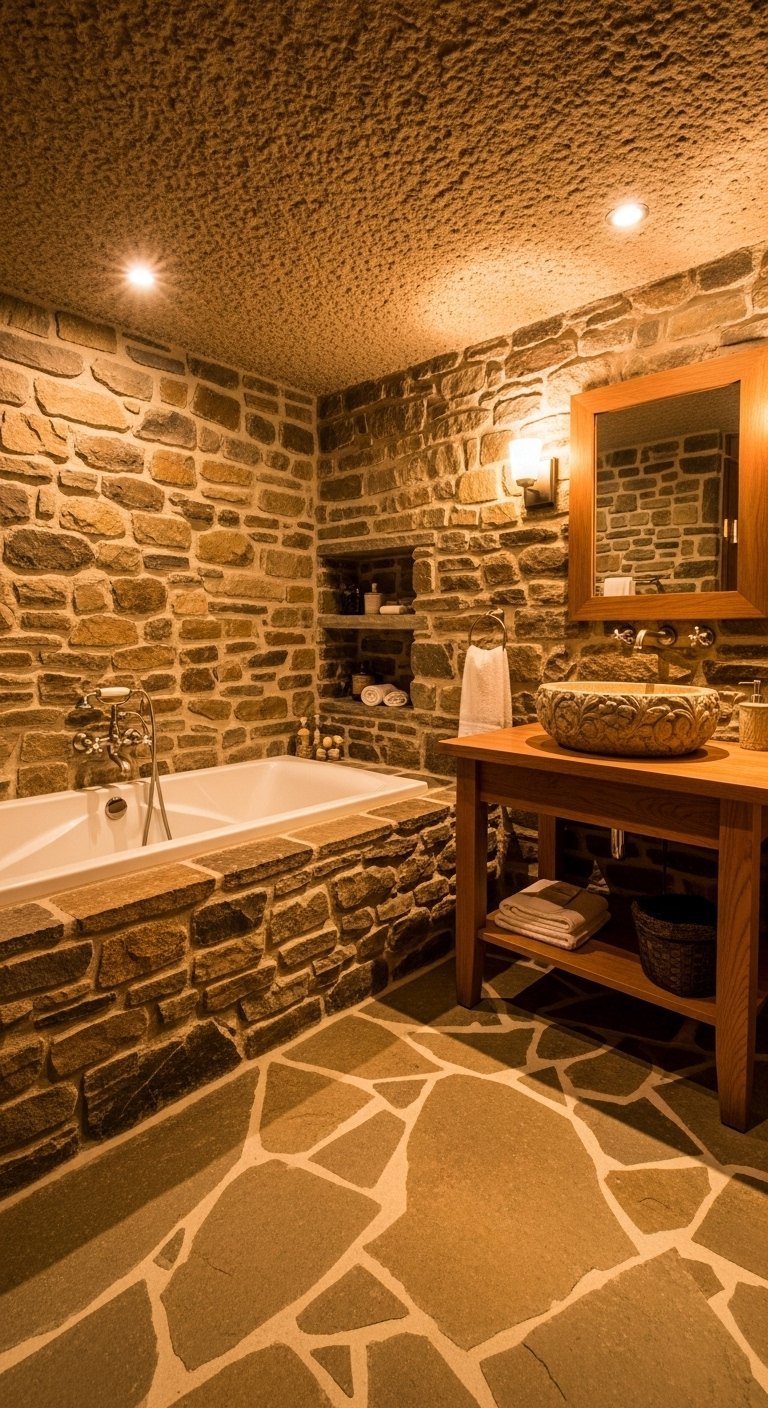 Salle de bains rustique avec murs en pierre baignoire en pierre et meuble en bois
