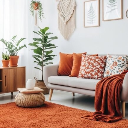 Salon blanc lumineux avec canape gris tapis epais terracotta et coussins assortis
