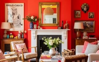 Salon boheme avec des murs rouges vifs et un plafond jaune