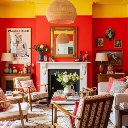 Salon boheme avec des murs rouges vifs et un plafond jaune