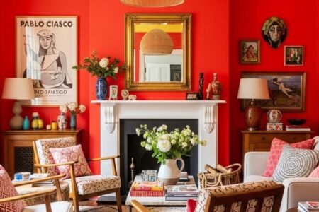Salon boheme avec des murs rouges vifs et un plafond jaune