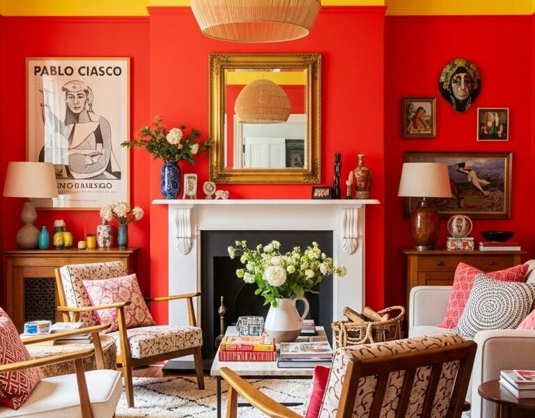 Salon boheme avec des murs rouges vifs et un plafond jaune