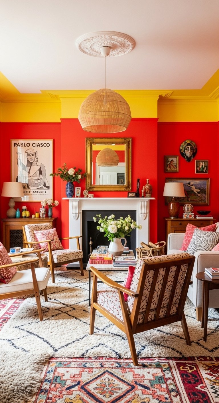 Salon boheme avec des murs rouges vifs et un plafond jaune