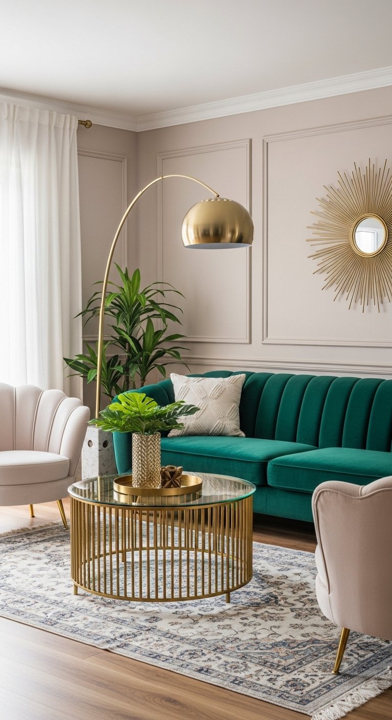 Salon chic avec canape en velours vert fonce et lampadaire dore moderne
