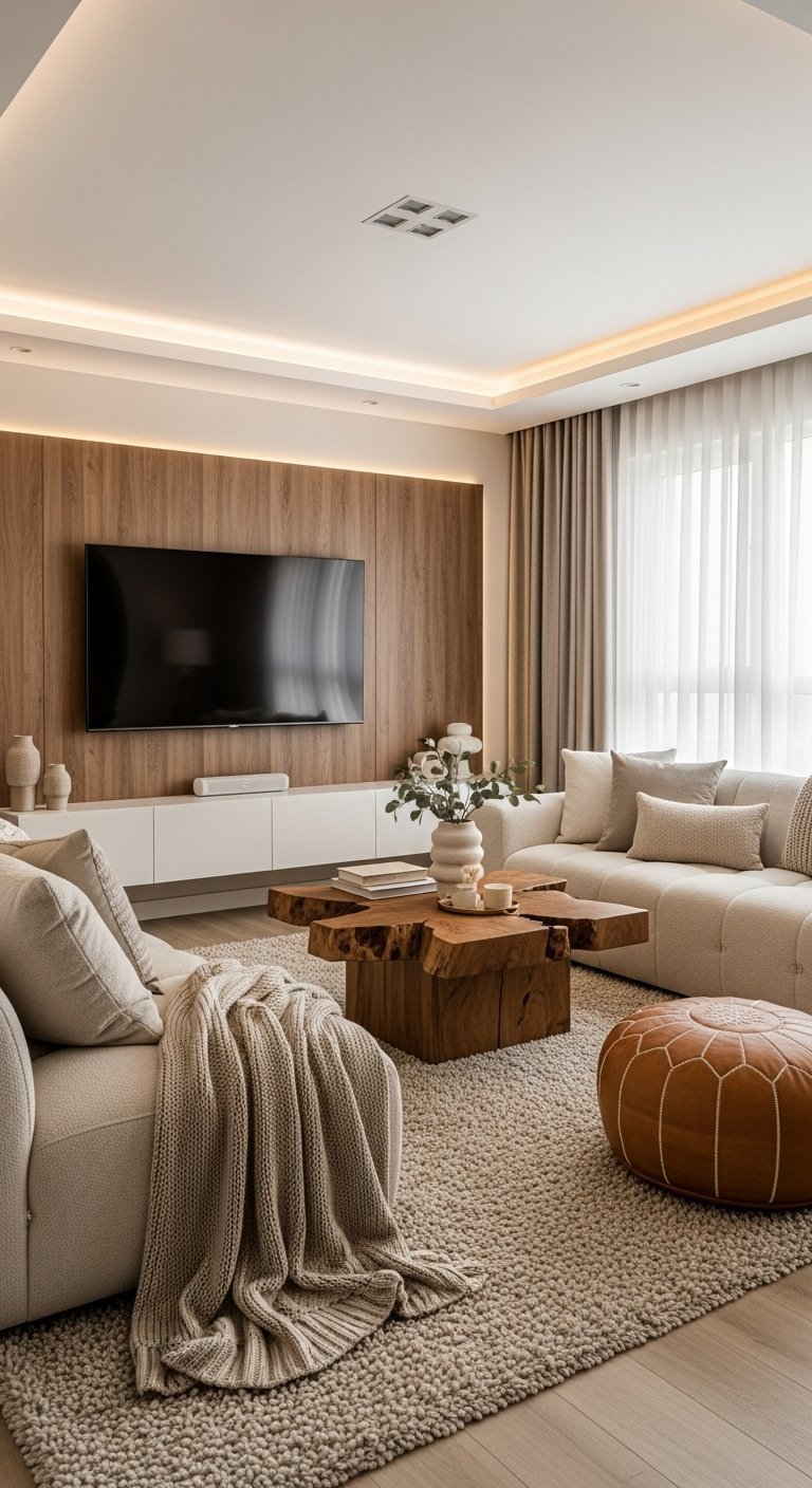 Salon cocooning beige et bois avec mur tv tasseaux et table basse en bois massif