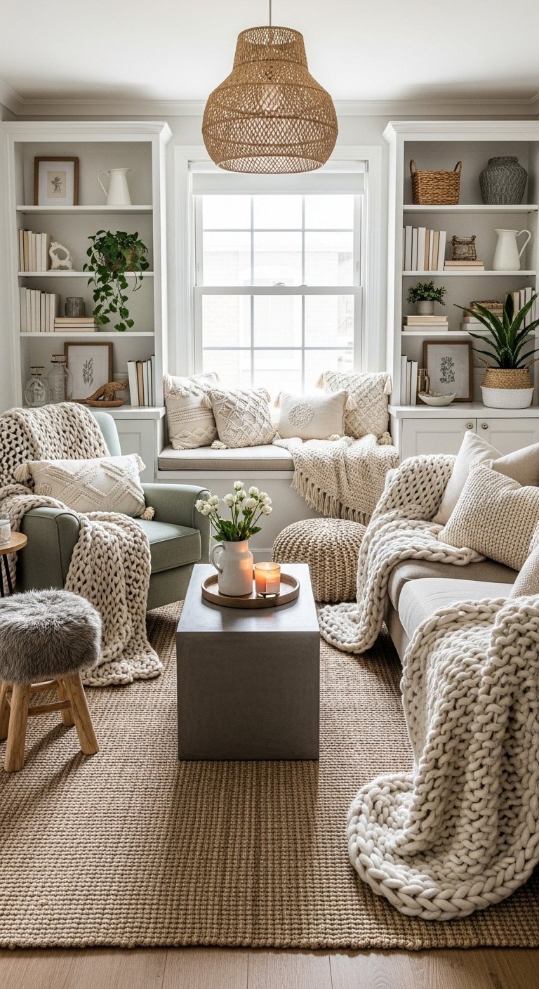 Salon cocooning neutre avec banquette sous fenêtre et nombreux plaids en grosse maille