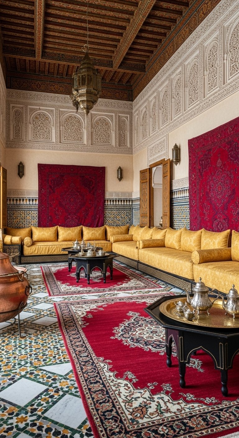 Salon marocain traditionnel avec sedari jaune et grands tapis rouges