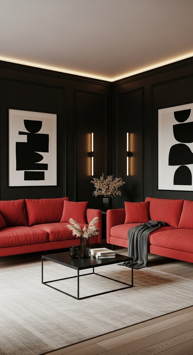 Salon moderne avec murs noirs et deux canapes rouge vif