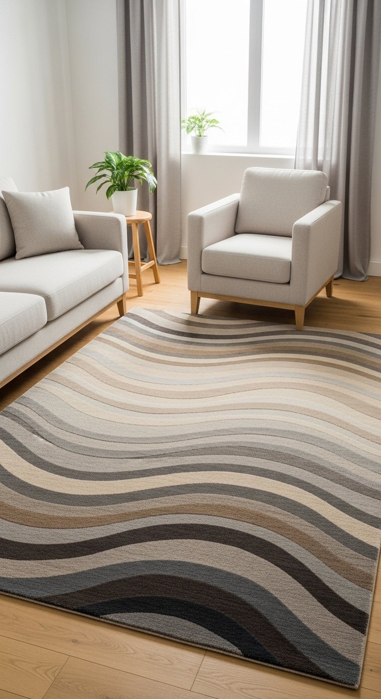 Tapis de salon avec un motif de vagues dans des tons de beige et de marron