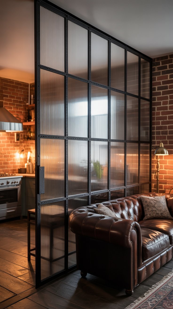 Verrière de style industriel avec verre strié et cadre en métal noir