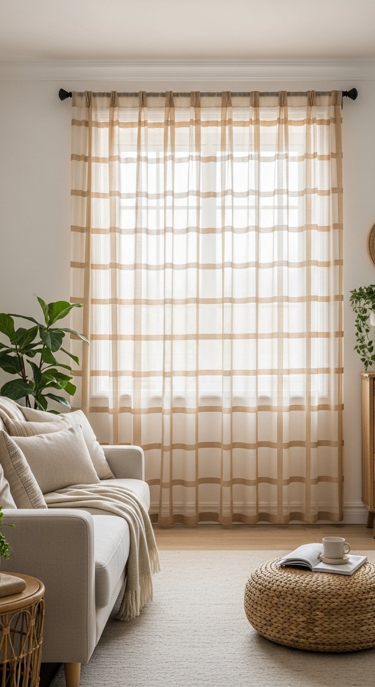 Voilage en lin beige avec un motif à carreaux tissés dans un salon lumineux