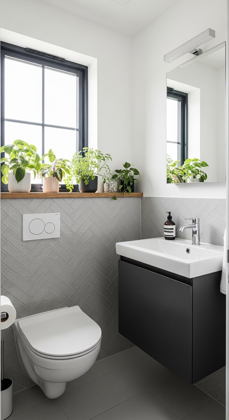 WC lumineux et moderne avec carrelage mural gris à chevrons et plantes vertes sur le rebord de la fenêtre