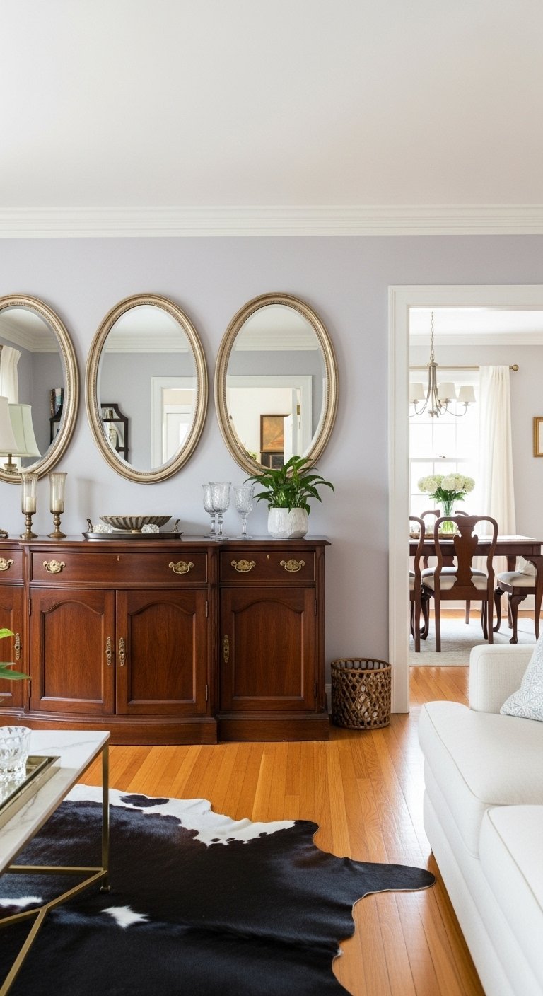 Alignement de trois miroirs ovales verticaux avec cadre doré au dessus d un buffet en bois