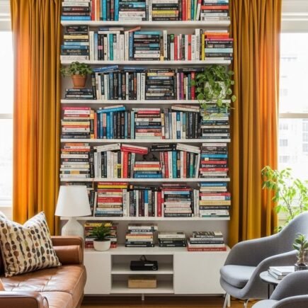 Bibliothèque murale massive entourant une fenêtre avec des rideaux jaunes