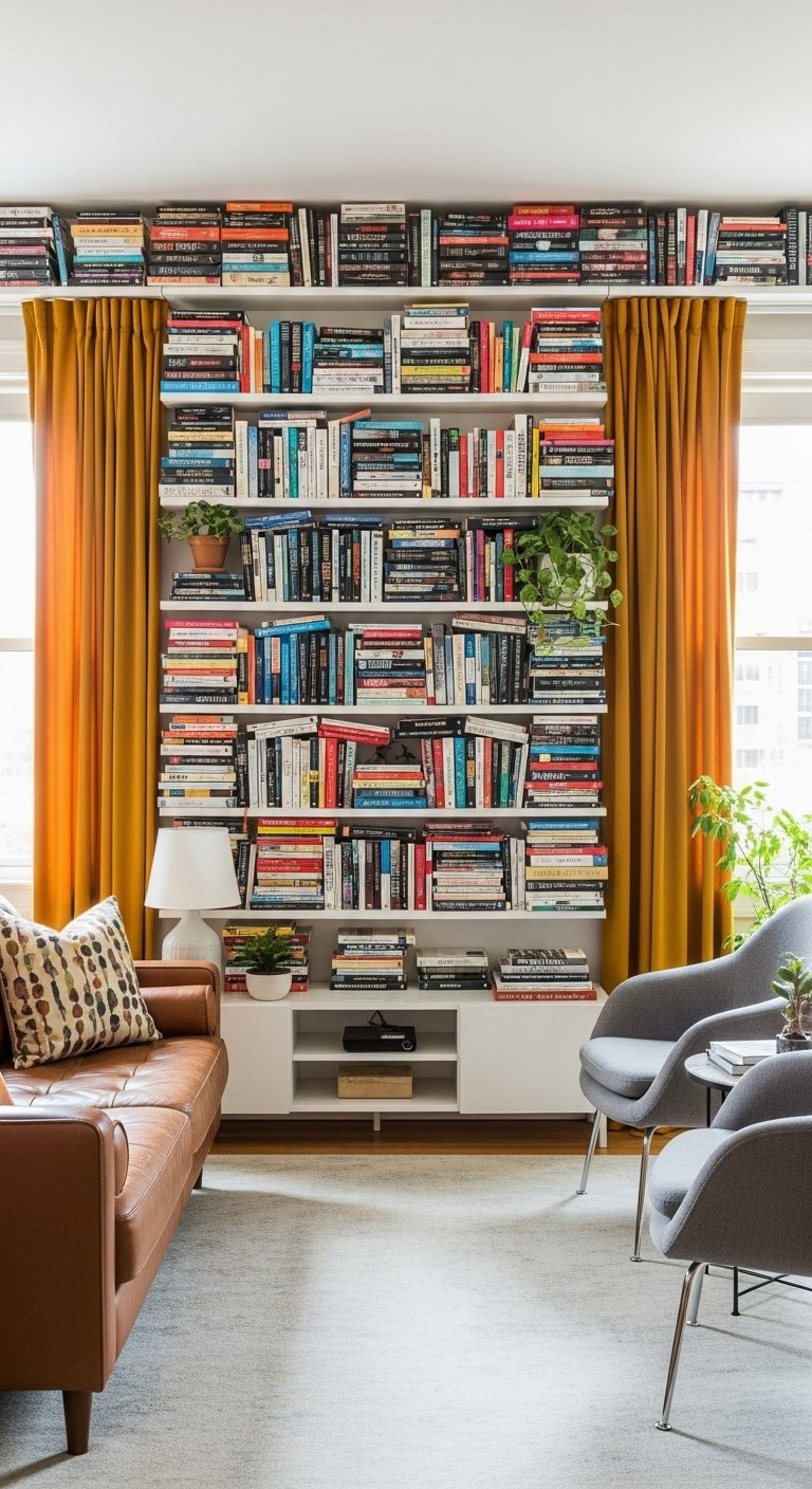 Bibliothèque murale massive entourant une fenêtre avec des rideaux jaunes