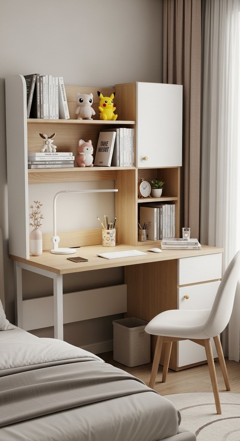 Bureau blanc et bois avec une huche de rangement et des étagères