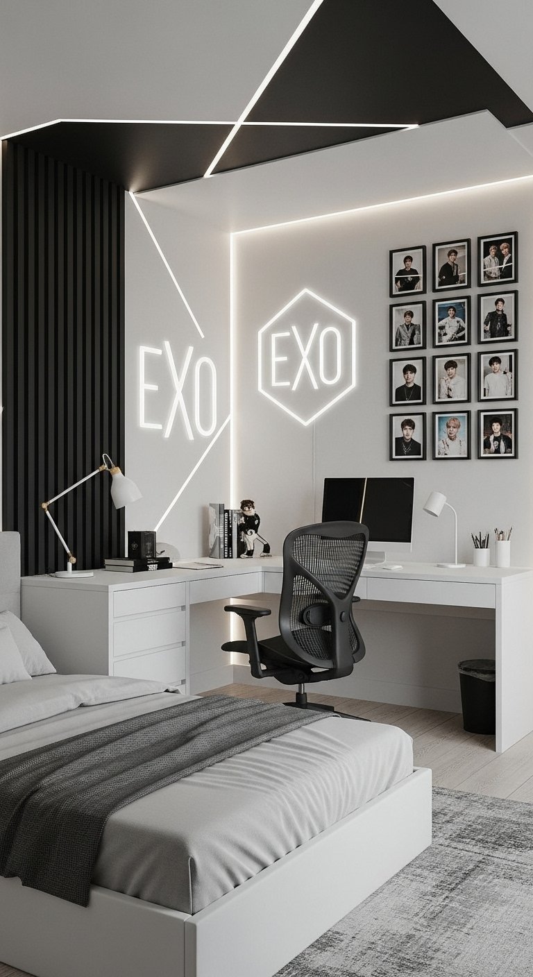 Bureau minimaliste blanc et noir avec éclairage néon pour une chambre d ado moderne