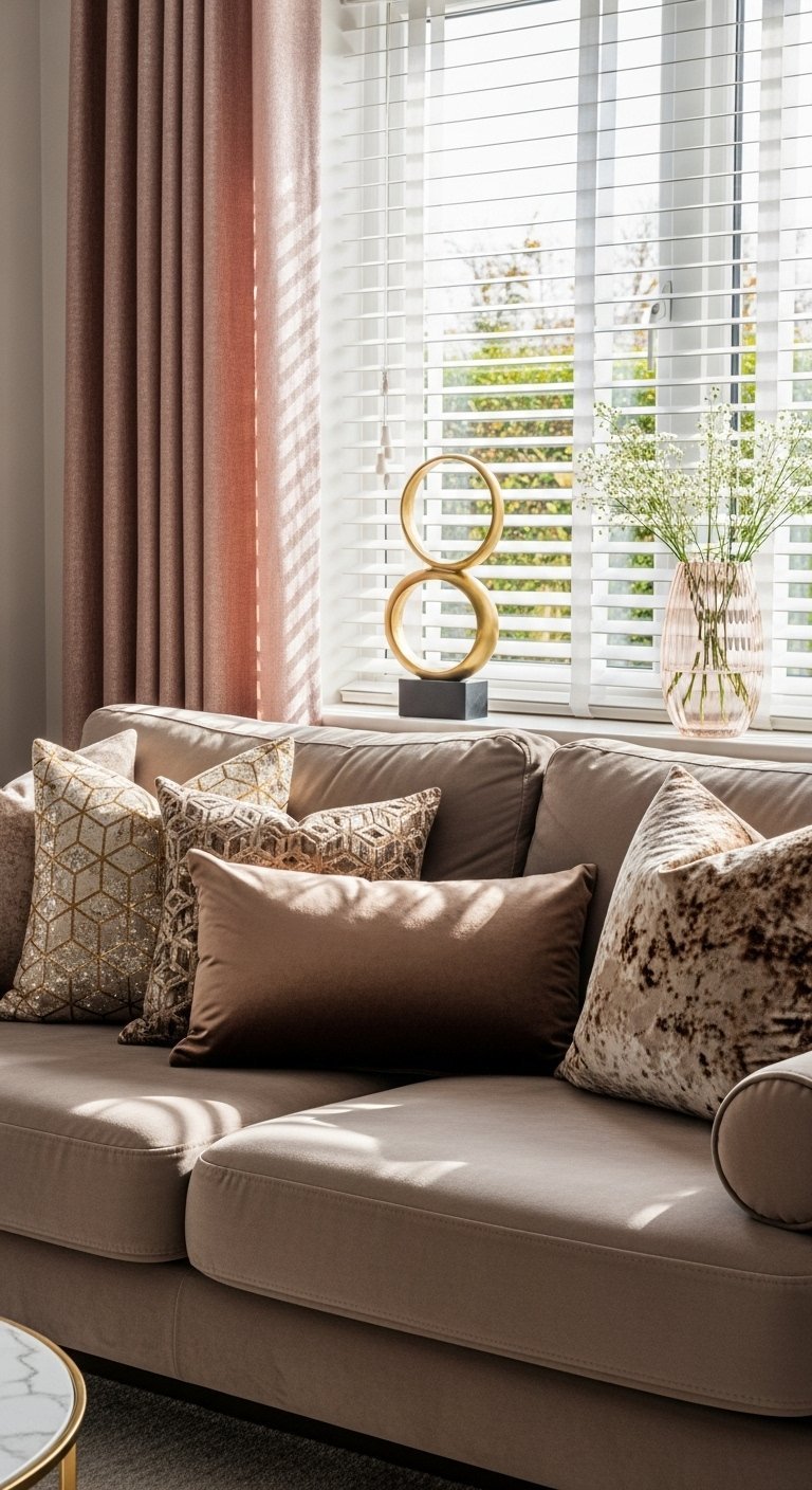 Canapé beige avec des coussins en velours et texturés dans les tons bronze