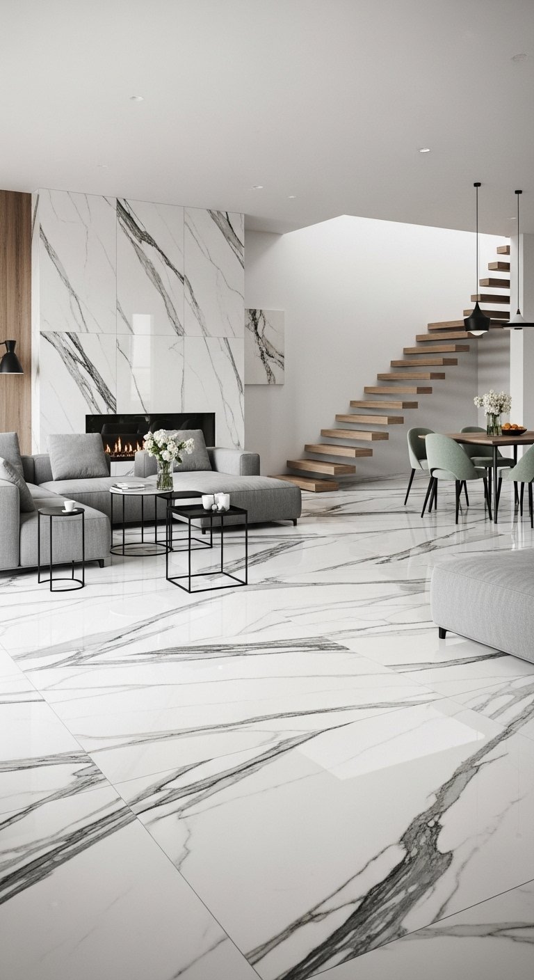 Carrelage XXL effet marbre blanc dans un grand salon ouvert moderne