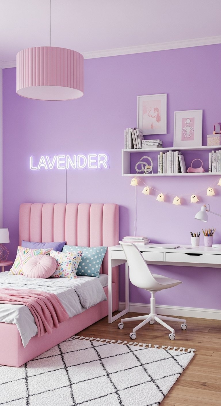 Chambre aux murs lavande avec un lit rose et un néon mural