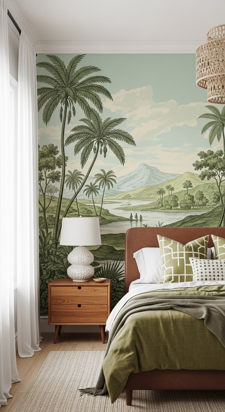 Chambre avec papier peint panoramique paysage tropical style vintage