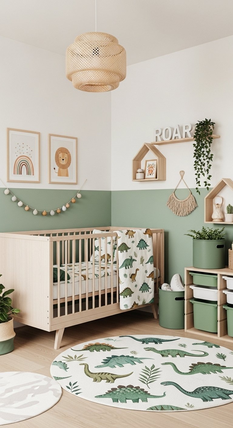 Chambre bébé thème dinosaure avec mur vert et tapis assorti