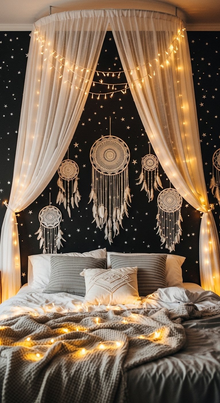 Chambre boheme sombre avec mur etoile et capteurs de reves