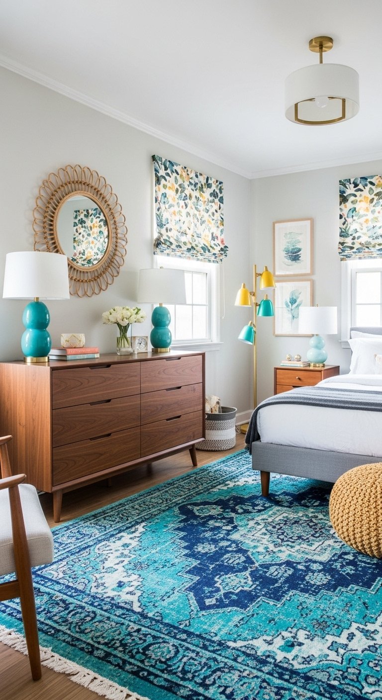 Chambre colorée avec commode en bois et tapis turquoise audacieux