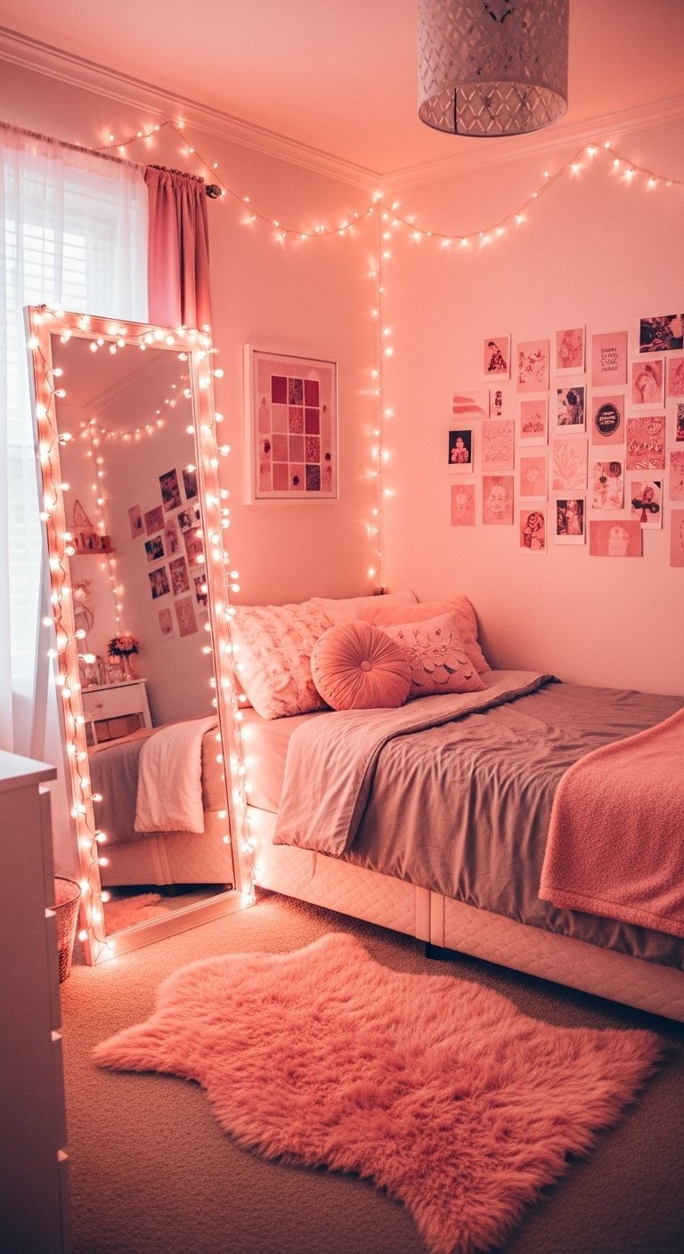 Chambre d adolescente rose avec guirlandes lumineuses et grand miroir