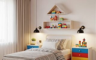 Chambre de garçon avec un plafond créatif imitant des briques Lego géantes