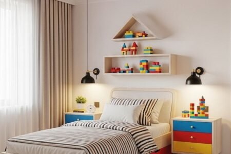 Chambre de garçon avec un plafond créatif imitant des briques Lego géantes